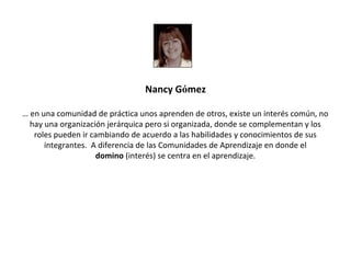 Nancy Gómez

… en una comunidad de práctica unos aprenden de otros, existe un interés común, no
  hay una organización jerárquica pero si organizada, donde se complementan y los
   roles pueden ir cambiando de acuerdo a las habilidades y conocimientos de sus
      integrantes. A diferencia de las Comunidades de Aprendizaje en donde el
                    domino (interés) se centra en el aprendizaje.
 