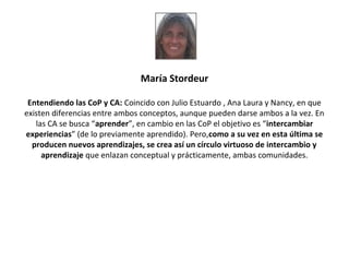 María Stordeur

 Entendiendo las CoP y CA: Coincido con Julio Estuardo , Ana Laura y Nancy, en que
existen diferencias entre ambos conceptos, aunque pueden darse ambos a la vez. En
   las CA se busca “aprender”, en cambio en las CoP el objetivo es “intercambiar
experiencias” (de lo previamente aprendido). Pero,como a su vez en esta última se
  producen nuevos aprendizajes, se crea así un círculo virtuoso de intercambio y
     aprendizaje que enlazan conceptual y prácticamente, ambas comunidades.
 