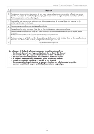 Les utilisateurs du Cadre de référence envisageront et expliciteront selon le cas
– les éléments discursifs que l’apprenant doit contrôler ou dont il doit disposer
– les macro-fonctions que l’apprenant doit contrôler ou dont il doit disposer
– les micro-fonctions que l’apprenant doit contrôler ou dont il doit disposer
– le schéma d’interaction dont l’apprenant a besoin ou qu’il doit maîtriser
– ce qu’il est censé déjà contrôler et ce qui doit lui être enseigné
– les principes selon lesquels les micro- et les macro-fonctions sont sélectionnées et organisées
– comment caractériser le progrès qualitatif de la compétence pragmatique.
CHAPITRE 5 : LES COMPÉTENCES DE L’UTILISATEUR/APPRENANT
101
PRÉCISION
C2 Peut exprimer avec précision des nuances de sens assez fines en utilisant avec une correction suffisante une gamme
étendue de procédés de modalisation (par exemple, adverbes exprimant le degré d’intensité, propositions restrictives)
Peut insister, discriminer et lever l’ambiguïté.
C1 Peut qualifier avec précision des opinions et des affirmations en termes de certitude/doute, par exemple, ou de
confiance/méfiance, similitude, etc.
B2 Peut transmettre une information détaillée de façon fiable.
B1 Peut expliquer les points principaux d’une idée ou d’un problème avec une précision suffisante.
Peut transmettre une information simple et d’intérêt immédiat, en mettant en évidence quel point lui semble le plus
important.
Peut exprimer l’essentiel de ce qu’il/elle souhaite de façon compréhensible.
A2 Peut communiquer ce qu’il/elle veut dire dans un échange d’information limité, simple et direct sur des sujets familiers et
habituels, mais dans d’autres situations, doit généralement transiger sur le sens.
A1 Pas de descripteur disponible.
 