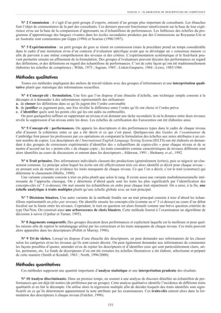 N° 2 Commission : il s’agit d’un petit groupe d’experts, entouré d’un groupe plus important de consultants. Les ébauches
font l’objet de commentaires de la part des consultants. Ces derniers peuvent fonctionner intuitivement sur la base de leur expé-
rience et/ou sur la base de la comparaison d’apprenants ou d’échantillons de performances. Les faiblesses des échelles du pro-
gramme d’apprentissage des langues vivantes dans les écoles secondaires produites par des Commissions au Royaume-Uni et
en Australie sont commentées par Gipps (1994) et Scarino (1996/1997).
N° 3 Expérimentation : un petit groupe de gens se réunit en commission (mais la procédure prend un temps considérable
dans le cadre d’une institution et/ou d’un contexte d’évaluation spécifique avant que se développe un « consensus maison »)
afin de parvenir à une même compréhension des niveaux et des critères. L’expérimentation systématique et le feed-back peu-
vent permettre ensuite un affinement de la formulation. Des groupes d’évaluateurs peuvent discuter des performances en regard
des définitions, et des définitions en regard des échantillons de performances. C’est de cette façon qu’ont été traditionnellement
élaborées les échelles de compétence ; Wilds, 1975 ; Ingram, 1985 ; Liskin-Gasparro, 1984 ; Lowe, 1985/1986.
Méthodes qualitatives
Toutes ces méthodes impliquent des ateliers de travail réduits avec des groupes d’informateurs et une interprétation quali-
tative plutôt que statistique des informations recueillies.
N° 4 Concept-clé : formulation. Une fois que l’on dispose d’une ébauche d’échelle, une technique simple consiste à la
découper et à demander à des informateurs représentatifs des utilisateurs
a. de classer les définitions dans ce qu’ils jugent être l’ordre convenable
b. de justifier ce jugement puis, une fois révélée la différence entre l’ordre qu’ils ont choisi et l’ordre prévu
c. d’identifier quels sont les points clés qui les ont aidés ou embrouillés.
On peut quelquefois raffiner en supprimant un niveau et en donnant une tâche secondaire là où la distance entre deux niveaux
révèle la suppression d’un niveau entre les deux. Les échelles de certification des Eurocentres ont été élaborées ainsi.
N° 5 Concept-clé : performances. On apparie les descripteurs et des performances types dans le cadre de chaque niveau
afin d’assurer la cohérence entre ce qui a été décrit et ce qui s’est passé. Quelques-uns des Guides de l’examinateur de
Cambridge font passer les professeurs par ces opérations en comparant la formulation des échelles aux notes attribuées à un cer-
tain nombre de copies. Les descripteurs de l’International English Language Testing System (IELTS) ont été élaborés en deman-
dant à des groupes de correcteurs expérimentés d’identifier des « échantillons de copies-clés » pour chaque niveau et de se
mettre d’accord sur les « points-clés » de chaque copie ; les traits considérés comme caractéristiques de niveaux différents sont
alors identifiés au cours de discussions et entrent dans les descripteurs ; Alderson, 1991 ; Shohamy et al., 1992.
N° 6 Trait primaire. Des informateurs individuels classent des productions (généralement écrites), puis se négocie un clas-
sement commun. Le principe selon lequel les écrits ont été effectivement triés est alors identifié et décrit pour chaque niveau –
en prenant soin de mettre en évidence les traits marquants de chaque niveau. Ce que l’on a décrit, c’est le trait (construct) qui
détermine le classement (Mullis, 1980).
Une variante courante consiste à trier en piles plutôt que selon le rang. Il existe aussi une variante multidimensionnelle inté-
ressante de l’approche classique. On y détermine d’abord quels sont les traits les plus significatifs par l’identification des
concepts-clés (n° 5 ci-dessus). On met ensuite les échantillons en ordre pour chaque trait séparément. On a ainsi, à la fin, une
échelle analytique à traits multiples plutôt qu’une échelle globale avec un trait principal.
N° 7 Décisions binaires. Une autre variante de la méthode fondée sur un trait principal consiste à trier d’abord les échan-
tillons représentatifs en piles par niveaux. On identifie ensuite les concepts-clés (comme au n° 5 ci-dessus) au cours d’un débat
focalisé sur la limite entre les niveaux. Cependant, le trait en question est alors formulé comme une brève question critériée de
type Oui/Non. On construit ainsi une arborescence de choix binaires. Cette méthode fournit à l’examinateur un algorithme de
décisions à suivre (Upshur et Turner, 1995).
N° 8 Jugements comparatifs. Des groupes discutent deux performances et explicitent laquelle est la meilleure et pour quel-
les raisons afin de repérer le métalangage utilisé par les correcteurs et les traits marquants de chaque niveau. Ces traits peuvent
alors apparaître dans les descripteurs (Pollitt et Murray, 1996).
N° 9 Tri de tâches. Lorsqu’on dispose d’une ébauche des descripteurs, on peut demander aux informateurs de les classer
selon les catégories et/ou les niveaux qu’ils sont censés décrire. On peut également demander aux informateurs de commenter
les façons possibles d’ajuster, amender et/ou de rejeter les descripteurs et d’identifier ceux qui sont particulièrement clairs, uti-
les, pertinents, etc. Le fonds de descripteurs d’où ont été extraites les échelles illustratives a été élaboré, sélectionné et préparé
de cette manière (Smith et Kendall, 1963 ; North, 1996/2000).
Méthodes quantitatives
Ces méthodes supposent une quantité importante d’analyse statistique et une interprétation prudente des résultats.
N° 10 Analyse discriminante. Dans un premier temps, on soumet à une analyse de discours détaillée un échantillon de per-
formances qui ont déjà été notées (de préférence par un groupe). Cette analyse qualitative identifie l’incidence de différents traits
qualitatifs et en fait le décompte. On utilise alors la régression multiple afin de décider lesquels des traits identifiés sont signi-
ficatifs en ce qu’ils déterminent apparemment la note attribuée par les examinateurs. Ces traits-clés entrent alors dans la for-
mulation des descripteurs à chaque niveau (Fulcher, 1996).
ANNEXE A : ÉLABORATION DE DESCRIPTEURS DE COMPÉTENCE
151
 