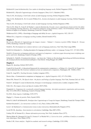 Richterich R. (sous la direction de), Case studies in identifying language needs, Oxford, Pergamon (1983).
Richterich R., Objectifs d’apprentissage et besoins langagiers, Paris, Col. F., Hachette (1985).
Trim J.L.M., Developing a Unit/Credit scheme of adult language learning, Oxford, Pergamon (1980).
Trim J.L.M., Richterich R., Ek J.A.van & Wilkins D.A., Systems development in adult language learning, Oxford, Pergamon
(1980).
Trim J.L.M., Developing a Unit/Credit scheme of adult language learning, Oxford, Pergamon (1980).
Trim J.L.M., Holec H., Coste D. & Porcher L. (sous la direction de), Towards a more comprehensive framework for the defini-
tion of language learning objectives. Vol I Analytical summaries of the preliminary studies. Vol II Preliminary studies, (contri-
butions en anglais et en français), Strasbourg, Conseil de l’Europe (1984).
Widdowson H.G. (1989), « Knowledge of language and ability for use », Applied Linguistics 10/2, 128-137.
Wilkins D.A., Linguistics in language teaching, London, Edward Arnold (1972).
Chapitre 3
Ek J.A.van, Objectifs de l’apprentissage des langues vivantes – Volume I : Contenu et portée (1988), Volume II : Niveaux
(1989), Strasbourg, Conseil de l’Europe.
North B., The Development of a common reference scale of language proficiency, New York, Peter Lang (2000).
North B. & Schneider G., « Scaling descriptors for language proficiency scales » in Language Testing 15/2 : 217-262 (1998).
North B., Perspectives on language proficiency and aspects of competence : a reference paper discussing issues in defining cate-
gories and levels, Strasbourg, Council of Europe (1994).
Schneider G., North B., Fremdsprachen können – was heisst das ? Skalen zur Becshreibung Beurteilung und Selbsteinschätzung
der fremdsprachlichen Kommunikationsfähigkeit, Chur/Zürich, Verlag Rüegger AG (2000).
Chapitre 4
Bygate M., Speaking, Oxford, OUP (1987).
Canale M. & Swain M. « A theoretical framework for communicative competence », in Palmer A.S., Groot P.G. & Trosper S.A.
(sous la direction de), The Construct validation of tests of communicative competence, Washington, DC. TESOL (1981).
Carter R., Lang M.N., Teaching literature, London, Longman (1991).
Davies Alan, « Communicative competence as language use », Applied Linguistics 10/2, 157-170 (1989).
Denes P.B., Pinson E.N., The Speech chain : the physics and biology of spoken language, New York, Freeman (2nd. ed. 1993).
Faerch C. & Kasper G. (sous la direction de), Strategies in interlanguage communication, London, Longman (1983).
Firth J.-R., The tongues of men and Speech, London, OUP (1964).
Fitzpatrick A., Competence for vocationally oriented language learning : descriptive parameters organisation and assessment,
Doc. CC-LANG (94) 6, Strasbourg, Council of Europe (1994).
Fry D.B., Homo loquens, Cambridge, CUP (1977).
Hagège C., L’homme de paroles, Paris, Fayard (1985).
Holec H., Little D. & Richterich R., Stratégies dans l’apprentissage et l’usage des langues, Strasbourg, Conseil de l’Europe (1996).
Kerbrat-Orecchioli C., Les interactions verbales (3 vol.), Paris, Collins (1990-1994).
Laver J. & Hutcheson S., Communication in face-to-face interaction, Harmondsworth, Penguin (1972).
Levelt W.J.M., Speaking : from intention to articulation, Cambridge, Mass MIT (1993).
Lindsay P.H. & Norman D.A., Human information processing, New York, Academic Press (1977).
Martins-Baltar M., Bourgain D.,Coste D., Ferenczi V. et Mochet M.A., L’écrit et les écrits : problèmes d’analyse et considéra-
tions didactiques, Paris, Didier (1979).
Swales J.-M., Genre analysis : English in academic and research settings, Cambridge, CUP (1990).
BIBLIOGRAPHIE GÉNÉRALE
187
 