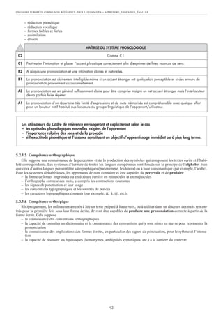 - réduction phonétique
- réduction vocalique
- formes faibles et fortes
- assimilation
- élision.
5.2.1.5 Compétence orthographique
Elle suppose une connaissance de la perception et de la production des symboles qui composent les textes écrits et l’habi-
leté correspondante. Les systèmes d’écriture de toutes les langues européennes sont fondés sur le principe de l’alphabet bien
que ceux d’autres langues puissent être idéographiques (par exemple, le chinois) ou à base consonantique (par exemple, l’arabe).
Pour les systèmes alphabétiques, les apprenants devront connaître et être capables de percevoir et de produire
– la forme de lettres imprimées ou en écriture cursive en minuscules et en majuscules
– l’orthographe correcte des mots, y compris les contractions courantes
– les signes de ponctuation et leur usage
– les conventions typographiques et les variétés de polices
– les caractères logographiques courants (par exemple, &, $, @, etc.).
5.2.1.6 Compétence orthoépique
Réciproquement, les utilisateurs amenés à lire un texte préparé à haute voix, ou à utiliser dans un discours des mots rencon-
trés pour la première fois sous leur forme écrite, devront être capables de produire une prononciation correcte à partir de la
forme écrite. Cela suppose
– la connaissance des conventions orthographiques
– la capacité de consulter un dictionnaire et la connaissance des conventions qui y sont mises en œuvre pour représenter la
prononciation
– la connaissance des implications des formes écrites, en particulier des signes de ponctuation, pour le rythme et l’intona-
tion
– la capacité de résoudre les équivoques (homonymes, ambiguïtés syntaxiques, etc.) à la lumière du contexte.
Les utilisateurs du Cadre de référence envisageront et expliciteront selon le cas
– les aptitudes phonologiques nouvelles exigées de l’apprenant
– l’importance relative des sons et de la prosodie
– si l’exactitude phonétique et l’aisance constituent un objectif d’apprentissage immédiat ou à plus long terme.
UN CADRE EUROPÉEN COMMUN DE RÉFÉRENCE POUR LES LANGUES – APPRENDRE, ENSEIGNER, ÉVALUER
92
MAÎTRISE DU SYSTÈME PHONOLOGIQUE
C2 Comme C1
C1 Peut varier l’intonation et placer l’accent phrastique correctement afin d’exprimer de fines nuances de sens.
B2 A acquis une prononciation et une intonation claires et naturelles.
B1 La prononciation est clairement intelligible même si un accent étranger est quelquefois perceptible et si des erreurs de
prononciation proviennent occasionnellement.
A2 La prononciation est en général suffisamment claire pour être comprise malgré un net accent étranger mais l’interlocuteur
devra parfois faire répéter.
A1 La prononciation d’un répertoire très limité d’expressions et de mots mémorisés est compréhensible avec quelque effort
pour un locuteur natif habitué aux locuteurs du groupe linguistique de l’apprenant/utilisateur.
 