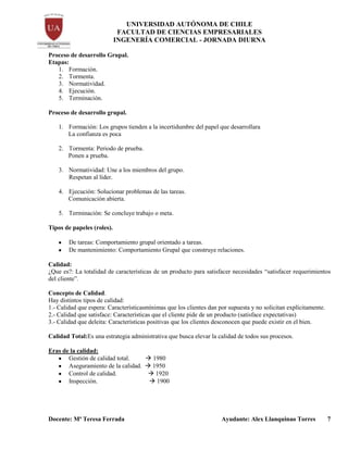 UNIVERSIDAD AUTÓNOMA DE CHILE
FACULTAD DE CIENCIAS EMPRESARIALES
INGENERÍA COMERCIAL - JORNADA DIURNA
Docente: Mª Teresa Ferrada Ayudante: Alex Llanquinao Torres 7
Proceso de desarrollo Grupal.
Etapas:
1. Formación.
2. Tormenta.
3. Normatividad.
4. Ejecución.
5. Terminación.
Proceso de desarrollo grupal.
1. Formación: Los grupos tienden a la incertidumbre del papel que desarrollara
La confianza es poca
2. Tormenta: Periodo de prueba.
Ponen a prueba.
3. Normatividad: Une a los miembros del grupo.
Respetan al líder.
4. Ejecución: Solucionar problemas de las tareas.
Comunicación abierta.
5. Terminación: Se concluye trabajo o meta.
Tipos de papeles (roles).
De tareas: Comportamiento grupal orientado a tareas.
De mantenimiento: Comportamiento Grupal que construye relaciones.
Calidad:
¿Que es?: La totalidad de características de un producto para satisfacer necesidades “satisfacer requerimientos
del cliente”.
Concepto de Calidad.
Hay distintos tipos de calidad:
1.- Calidad que espera: Característicasmínimas que los clientes dan por supuesta y no solicitan explícitamente.
2.- Calidad que satisface: Características que el cliente pide de un producto (satisface expectativas)
3.- Calidad que deleita: Características positivas que los clientes desconocen que puede existir en el bien.
Calidad Total:Es una estrategia administrativa que busca elevar la calidad de todos sus procesos.
Eras de la calidad:
Gestión de calidad total.  1980
Aseguramiento de la calidad.  1950
Control de calidad.  1920
Inspección.  1900
 