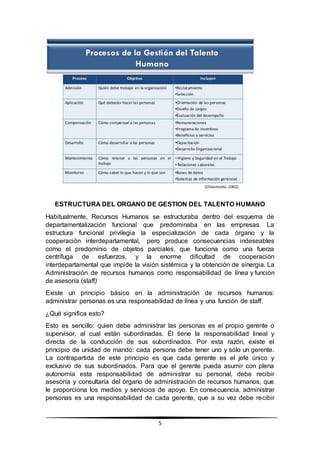 5
ESTRUCTURA DEL ORGANO DE GESTION DEL TALENTO HUMANO
Habitualmente, Recursos Humanos se estructuraba dentro del esquema de
departamentalización funcional que predominaba en las empresas. La
estructura funcional privilegia la especialización de cada órgano y la
cooperación interdepartamental, pero produce consecuencias indeseables
como el predominio de objetos parciales, que funciona como una fuerza
centrífuga de esfuerzos, y la enorme dificultad de cooperación
interdepartamental que impide la visión sistémica y la obtención de sinergia. La
Administración de recursos humanos como responsabilidad de línea y función
de asesoría (staff)
Existe un principio básico en la administración de recursos humanos:
administrar personas es una responsabilidad de línea y una función de staff.
¿Qué significa esto?
Esto es sencillo: quien debe administrar las personas es el propio gerente o
supervisor, al cual están subordinadas. Él tiene la responsabilidad lineal y
directa de la conducción de sus subordinados. Por esta razón, existe el
principio de unidad de mando: cada persona debe tener uno y sólo un gerente.
La contrapartida de este principio es que cada gerente es el jefe único y
exclusivo de sus subordinados. Para que el gerente pueda asumir con plena
autonomía esta responsabilidad de administrar su personal, debe recibir
asesoría y consultaría del órgano de administración de recursos humanos, que
le proporciona los medios y servicios de apoyo. En consecuencia, administrar
personas es una responsabilidad de cada gerente, que a su vez debe recibir
 