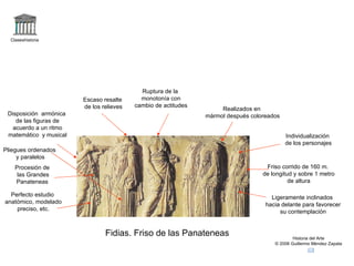 Claseshistoria Historia del Arte © 2006 Guillermo Méndez Zapata Fidias. Friso de las Panateneas Friso corrido de 160 m. de longitud y sobre 1 metro de altura Ruptura de la monotonía con cambio de actitudes Realizados en mármol después coloreados Ligeramente inclinados hacia delante para favorecer su contemplación Procesión de las Grandes Panateneas Escaso resalte de los relieves Disposición  armónica de las figuras de acuerdo a un ritmo matemático  y musical Individualización de los personajes Perfecto estudio anatómico, modelado preciso, etc. Pliegues ordenados y paralelos 