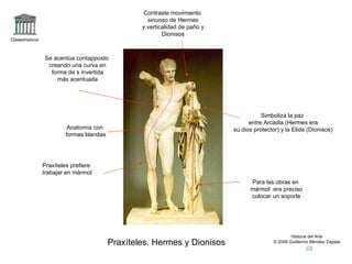 Claseshistoria Historia del Arte © 2006 Guillermo Méndez Zapata Praxíteles. Hermes y Dionisos Se acentúa contapposto creando una curva en forma de s invertida más acentuada Contraste movimiento sinuoso de Hermes y verticalidad de paño y Dionisos Para las obras en mármol  era preciso colocar un soporte Praxíteles prefiere trabajar en mármol Anatomía con formas blandas Simboliza la paz entre Arcadia (Hermes era su dios protector) y la Elide (Dionisos) 