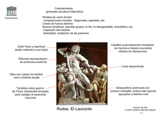 Claseshistoria Historia del Arte © 2006 Guillermo Méndez Zapata Rodas. El Laoconte Pérdida de visión frontal composiciones movidas : diagonales, espirales, etc. Líneas de fuerza abiertas Nuevas temáticas: grandes grupos, lo feo, lo desagradable, anecdótico, etc. Captación del instante teatralidad: exaltación de las pasiones Características  generales escultura helenística Línea serpentinata Desequilibrio acentuado por postura inestable: ambos pies apenas apoyados a distinto nivel Cabellos profundamente horadados con tecnica a trépano (aumenta efectos de claroscuros) Dolor físico y espiritual (están matando a sus hijos) Rotunda representación de poderosa anatomía Hijos con cuerpo de adultos pero a distinta escala Temática sobre guerra de Troya. Serpientes enviadas para castigar al sacerdote Laoconte 