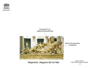 Claseshistoria Historia del Arte © 2006 Guillermo Méndez Zapata Alejandría. Alegoría del río Nilo Composición en  diagonal desequilibrada Cada putti representa un afluente 