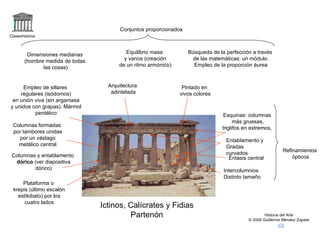 Claseshistoria Historia del Arte © 2006 Guillermo Méndez Zapata Conjuntos proporcionados Dimensiones medianas (hombre medida de todas las cosas) Equilibrio masa y vanos (creación de un ritmo armónico) Búsqueda de la perfección a través de las matemáticas: un módulo. Empleo de la proporción áurea Refinamientos ópticos Entablamento y Gradas curvados Éntasis central Intercolumnios Distinto tamaño Esquinas: columnas más gruesas, triglifos en extremos,  Empleo de sillares regulares (isódomos) en unión viva (sin argamasa y unidos con grapas). Mármol pentélico Plataforma o krepis (último escalón estilobato) por los cuatro lados Columnas y entablamento dórico  (ver diapositiva dórico) Columnas formadas por tambores unidas por un vástago metálico central Ictinos, Calícrates y Fidias Partenón Pintado en vivos colores Arquitectura adintelada 