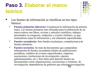 Paso 3. Elaborar el marco
teórico
       Las fuentes de información se clasifican en tres tipos
        básicos:
         Fuentes primarias (directas): Constituyen la información de primera
          mano. Las fuentes primarias más utilizadas para la elaboración de un
          marco teórico son libros, revistas y artículos científicos, trabajos
          presentados en congresos, simposios y eventos similares, ya que
          sistematizan mejor la información y son altamente especializadas.
         Fuentes secundarias: Son listados (resúmenes, compilaciones) de
          fuentes primarias.
         Fuentes terciarias: Se trata de documentos que compendian
          información de fuentes secundarias (títulos de publicaciones
          periódicas, nombres de eventos especializados, empresas,
          asociaciones, instituciones de investigación, reportes
          gubernamentales, etc.). Son útiles para detectar fuentes no
          documentales como organizaciones, asociaciones o institutos de
          investigación, dependencias de gobierno que efectúan investigación.
                                                           10
 