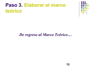 Paso 3. Elaborar el marco
teórico



     De regreso al Marco Teórico…




                              18
 