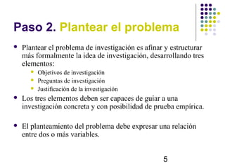 Paso 2. Plantear el problema
   Plantear el problema de investigación es afinar y estructurar
    más formalmente la idea de investigación, desarrollando tres
    elementos:
         Objetivos de investigación
         Preguntas de investigación
         Justificación de la investigación
   Los tres elementos deben ser capaces de guiar a una
    investigación concreta y con posibilidad de prueba empírica.

   El planteamiento del problema debe expresar una relación
    entre dos o más variables.


                                                   5
 