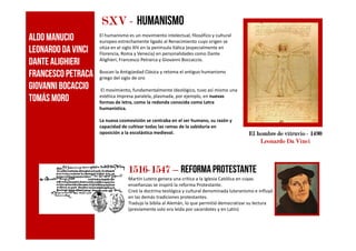 SXVSXVSXVSXV ---- HUMANISMO
El humanismo es un movimiento intelectual, filosófico y cultural
europeo estrechamente ligado al Renacimiento cuyo origen se
sitúa en el siglo XIV en la península Itálica (especialmente en
Florencia, Roma y Venecia) en personalidades como Dante
Alighieri, Francesco Petrarca y Giovanni Boccaccio.
Buscan la Antigüedad Clásica y retoma el antiguo humanismo
griego del siglo de oro
El movimiento, fundamentalmente ideológico, tuvo así mismo una
estética impresa paralela, plasmada, por ejemplo, en nuevas
formas de letra, como la redonda conocida como Letra
humanística.
La nueva cosmovisión se centraba en el ser humano, su razón y
capacidad de cultivar todas las ramas de la sabiduría en
AldoAldoManucioManucio
LeonardoDa VinciLeonardoDa Vinci
Dante AlighieriDante Alighieri
FrancescoFrancesco PetracaPetraca
GiovanniGiovanni BocaccioBocaccio
Tomás MoroTomás Moro
1516151615161516----1547154715471547 –––– reforma protestante
Martín Lutero genera una crítica a la Iglesia Católica en cuyas
enseñanzas se inspiró la reforma Protestante.
Creó la doctrina teológica y cultural denominada luteranismo e influyó
en las demás tradiciones protestantes.
Tradujo la biblia al Alemán, lo que permitió democratizar su lectura
(previamente solo era leída por sacerdotes y en Latín)
capacidad de cultivar todas las ramas de la sabiduría en
oposición a la escolástica medieval. El hombre deEl hombre deEl hombre deEl hombre de vitruviovitruviovitruviovitruvio ---- 1490149014901490
Leonardo Da VinciLeonardo Da VinciLeonardo Da VinciLeonardo Da Vinci
 
