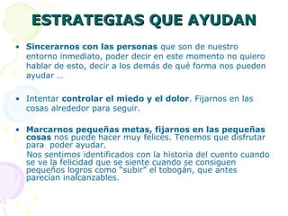 ESTRATEGIAS QUE AYUDAN
• Sincerarnos con las personas que son de nuestro
entorno inmediato, poder decir en este momento no quiero
hablar de esto, decir a los demás de qué forma nos pueden
ayudar …
• Intentar controlar el miedo y el dolor. Fijarnos en las
cosas alrededor para seguir.
• Marcarnos pequeñas metas, fijarnos en las pequeñas
cosas nos puede hacer muy felices. Tenemos que disfrutar
para poder ayudar.
Nos sentimos identificados con la historia del cuento cuando
se ve la felicidad que se siente cuando se consiguen
pequeños logros como “subir” el tobogán, que antes
parecían inalcanzables.

 