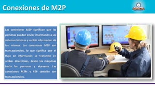 Conexiones de M2P
Las conexiones M2P significan que las
personas puedan enviar información a los
sistemas técnicos y recibir información de
los mismos. Las conexiones M2P son
transaccionales, lo que significa que el
flujo de información se transmite en
ambas direcciones, desde las máquinas
hacia las personas y viceversa. Las
conexiones M2M y P2P también son
transaccionales.
 