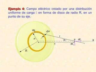 Ejemplo 4: Campo eléctrico creado por una distribución
uniforme de carga  en forma de disco de radio R, en un
punto de su eje.



               dq

                                  r
                                      ϕ         P   dEx   X
                              x           dEy
 