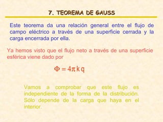 7. TEOREMA DE GAUSS

 Este teorema da una relación general entre el flujo de
 campo eléctrico a través de una superficie cerrada y la
 carga encerrada por ella.

Ya hemos visto que el flujo neto a través de una superficie
esférica viene dado por

                   Φ = 4π k q

      Vamos a comprobar que este flujo es
      independiente de la forma de la distribución.
      Sólo depende de la carga que haya en el
      interior.
 