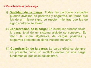 Características de la carga

 i) Dualidad de la carga: Todas las partículas cargadas
    pueden dividirse en positivas y negativas, de forma que
    las de un mismo signo se repelen mientras que las de
    signo contrario se atraen.
 ii) Conservación de la carga: En cualquier proceso físico,
     la carga total de un sistema aislado se conserva. Es
     decir, la suma algebraica de cargas positivas y
     negativas presente en cierto instante no varía.

 iii) Cuantización de la carga: La carga eléctrica siempre
      se presenta como un múltiplo entero de una carga
      fundamental, que es la del electrón.
 