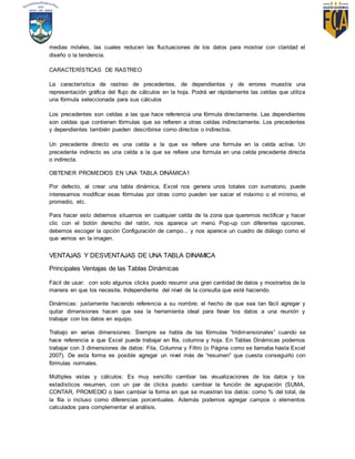 medias móviles, las cuales reducen las fluctuaciones de los datos para mostrar con claridad el
diseño o la tendencia.
CARACTERÍSTICAS DE RASTREO
La característica de rastreo de precedentes, de dependientes y de errores muestra una
representación gráfica del flujo de cálculos en la hoja. Podrá ver rápidamente las celdas que utiliza
una fórmula seleccionada para sus cálculos
Los precedentes son celdas a las que hace referencia una fórmula directamente. Las dependientes
son celdas que contienen fórmulas que se refieren a otras celdas indirectamente. Los precedentes
y dependientes también pueden describirse como directos o indirectos.
Un precedente directo es una celda a la que se refiere una formula en la celda activa. Un
precedente indirecto es una celda a la que se refiere una formula en una celda precedente directa
o indirecta.
OBTENER PROMEDIOS EN UNA TABLA DINÁMICA1
Por defecto, al crear una tabla dinámica, Excel nos genera unos totales con sumatorio, puede
interesarnos modificar esas fórmulas por otras como pueden ser sacar el máximo o el mínimo, el
promedio, etc.
Para hacer esto debemos situarnos en cualquier celda de la zona que queremos rectificar y hacer
clic con el botón derecho del ratón, nos aparece un menú Pop-up con diferentes opciones,
debemos escoger la opción Configuración de campo... y nos aparece un cuadro de diálogo como el
que vemos en la imagen.
VENTAJAS Y DESVENTAJAS DE UNA TABLA DINAMICA
Principales Ventajas de las Tablas Dinámicas
Fácil de usar: con solo algunos clicks puedo resumir una gran cantidad de datos y mostrarlos de la
manera en que los necesite. Independiente del nivel de la consulta que esté haciendo.
Dinámicas: justamente haciendo referencia a su nombre; el hecho de que sea tan fácil agregar y
quitar dimensiones hacen que sea la herramienta ideal para llevar los datos a una reunión y
trabajar con los datos en equipo.
Trabajo en varias dimensiones: Siempre se habla de las fórmulas “tridimensionales” cuando se
hace referencia a que Excel puede trabajar en fila, columna y hoja. En Tablas Dinámicas podemos
trabajar con 3 dimensiones de datos: Fila, Columna y Filtro (o Página como se llamaba hasta Excel
2007). De esta forma es posible agregar un nivel más de “resumen” que cuesta conseguirlo con
fórmulas normales.
Múltiples vistas y cálculos: Es muy sencillo cambiar las visualizaciones de los datos y los
estadísticos resumen, con un par de clicks puedo: cambiar la función de agrupación (SUMA,
CONTAR, PROMEDIO o bien cambiar la forma en que se muestran los datos: como % del total, de
la fila o incluso como diferencias porcentuales. Además podemos agregar campos o elementos
calculados para complementar el análisis.
 
