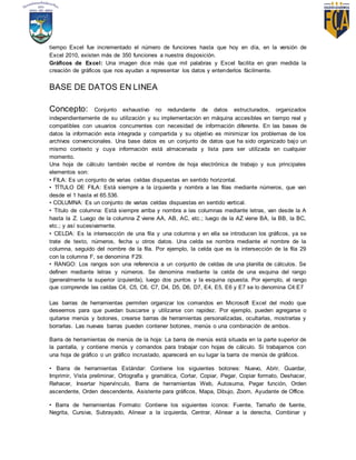 tiempo Excel fue incrementado el número de funciones hasta que hoy en día, en la versión de
Excel 2010, existen más de 350 funciones a nuestra disposición.
Gráficos de Excel: Una imagen dice más que mil palabras y Excel facilita en gran medida la
creación de gráficos que nos ayudan a representar los datos y entenderlos fácilmente.
BASE DE DATOS EN LINEA
Concepto: Conjunto exhaustivo no redundante de datos estructurados, organizados
independientemente de su utilización y su implementación en máquina accesibles en tiempo real y
compatibles con usuarios concurrentes con necesidad de información diferente. En las bases de
datos la información esta integrada y compartida y su objetivo es minimizar los problemas de los
archivos convencionales. Una base datos es un conjunto de datos que ha sido organizado bajo un
mismo contexto y cuya información está almacenada y lista para ser utilizada en cualquier
momento.
Una hoja de cálculo también recibe el nombre de hoja electrónica de trabajo y sus principales
elementos son:
• FILA: Es un conjunto de varias celdas dispuestas en sentido horizontal.
• TÍTULO DE FILA: Está siempre a la izquierda y nombra a las filas mediante números, que van
desde el 1 hasta el 65.536.
• COLUMNA: Es un conjunto de varias celdas dispuestas en sentido vertical.
• Título de columna: Está siempre arriba y nombra a las columnas mediante letras, van desde la A
hasta la Z. Luego de la columna Z viene AA, AB, AC, etc.; luego de la AZ viene BA, la BB, la BC,
etc.; y así sucesivamente.
• CELDA: Es la intersección de una fila y una columna y en ella se introducen los gráficos, ya se
trate de texto, números, fecha u otros datos. Una celda se nombra mediante el nombre de la
columna, seguido del nombre de la fila. Por ejemplo, la celda que es la intersección de la fila 29
con la columna F, se denomina F29.
• RANGO: Los rangos son una referencia a un conjunto de celdas de una planilla de cálculos. Se
definen mediante letras y números. Se denomina mediante la celda de una esquina del rango
(generalmente la superior izquierda), luego dos puntos y la esquina opuesta. Por ejemplo, al rango
que comprende las celdas C4, C5, C6, C7, D4, D5, D6, D7, E4, E5, E6 y E7 se lo denomina C4:E7
Las barras de herramientas permiten organizar los comandos en Microsoft Excel del modo que
deseemos para que puedan buscarse y utilizarse con rapidez. Por ejemplo, pueden agregarse o
quitarse menús y botones, crearse barras de herramientas personalizadas, ocultarlas, mostrarlas y
borrarlas. Las nuevas barras pueden contener botones, menús o una combinación de ambos.
Barra de herramientas de menús de la hoja: La barra de menús está situada en la parte superior de
la pantalla, y contiene menús y comandos para trabajar con hojas de cálculo. Si trabajamos con
una hoja de gráfico o un gráfico incrustado, aparecerá en su lugar la barra de menús de gráficos.
• Barra de herramientas Estándar: Contiene los siguientes botones: Nuevo, Abrir, Guardar,
Imprimir, Vista preliminar, Ortografía y gramática, Cortar, Copiar, Pegar, Copiar formato, Deshacer,
Rehacer, Insertar hipervínculo, Barra de herramientas Web, Autosuma, Pegar función, Orden
ascendente, Orden descendente, Asistente para gráficos, Mapa, Dibujo, Zoom, Ayudante de Office.
• Barra de herramientas Formato: Contiene los siguientes íconos: Fuente, Tamaño de fuente,
Negrita, Cursiva, Subrayado, Alinear a la izquierda, Centrar, Alinear a la derecha, Combinar y
 