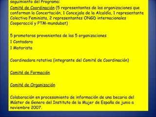 Conformación de  estructura funcional  y participativa para el seguimiento del Programa:  Comité de Coordinación  (5 representantes de las organizaciones que conforman la Concertación, 1 Concejala de la Alcaldía, 1 representante Colectiva Feminista, 2 representantes ONGD internacionales Cooperacció y PTM-mundubat)   5 promotoras provenientes de las 5 organizaciones 1 Contadora 1 Motorista   Coordinadora rotativa (integrante del Comité de Coordinación)   Comité de Formación   Comité de Organización   Colaboración en procesamiento de información de una becaria del Máster de Genero del Instituto de la Mujer de España de junio a noviembre 2007. 