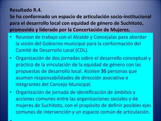 Resultado R.4.  Se ha conformado un espacio de articulación socio-institucional para el desarrollo local con equidad de género de Suchitoto, promovido y liderado por la Concertación de Mujeres. R eunion de trabajo con el Alcalde y Concejalas para abordar la visión del Gobierno municipal para la conformación del Comité de Desarrollo Local (CDL).  Organización de dos jornadas sobre el desarrollo conceptual y práctico de la vinculación de la equidad de género con las propuestas de desarrollo local. Asisten  35  personas que asumen responsabilidades de dirección asociativa e integrantes del Concejo Municipal. Organización de jornada de identificación de ámbitos y acciones comunes entre las organizaciones sociales y de mujeres de Suchitoto, con el propósito de definir posibles ejes comunes de intervención y un espacio común de articulación.   