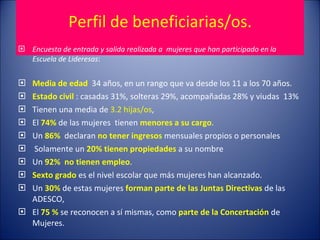 Perfil de beneficiarias/os. Encuesta de entrada y salida realizada a  mujeres que han participado en la Escuela de Lideresas : Media de edad   34 años, en un rango que va desde los 11 a los 70 años.  Estado civil  : casadas 31%, solteras 29%, acompañadas 28% y viudas  13%  Tienen una media de  3.2 hijas/os ,  El  74%  de las mujeres  tienen  menores a su cargo .  Un  86%   declaran  no tener ingresos  mensuales propios o personales Solamente un  20% tienen propiedades  a su nombre  Un  92%  no tienen empleo .  Sexto grado  es el nivel escolar que más mujeres han alcanzado.  Un  30%  de estas mujeres  forman parte de las Juntas Directivas  de las ADESCO,  El  75 %  se reconocen a sí mismas, como  parte de la Concertación  de Mujeres.  