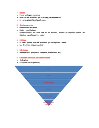2. Misión:
a. Puede ser larga y numerada
b. Debe ser más específica que la visión y partiendo de ella
c. Es a largo plazo al igual que la visión
3. Objetivos y metas:
a. Objetivos = cualitativos
b. Metas = cuantitativos
c. Recomendación: Por cada una de las misiones, mínimo un objetivo general, dos
objetivos específicos y tres metas
4. Políticas:
a. En forma general pero más específico que los objetivos y metas
b. Son directrices (circulares, etc.)
5. Estrategias:
a. Más operativa (programas, campañas, fundaciones, etc)
6. Controles, Directrices y otras ejecuciones
a. Corto plazo
b. PAO (Plan Anual Operativo)
 