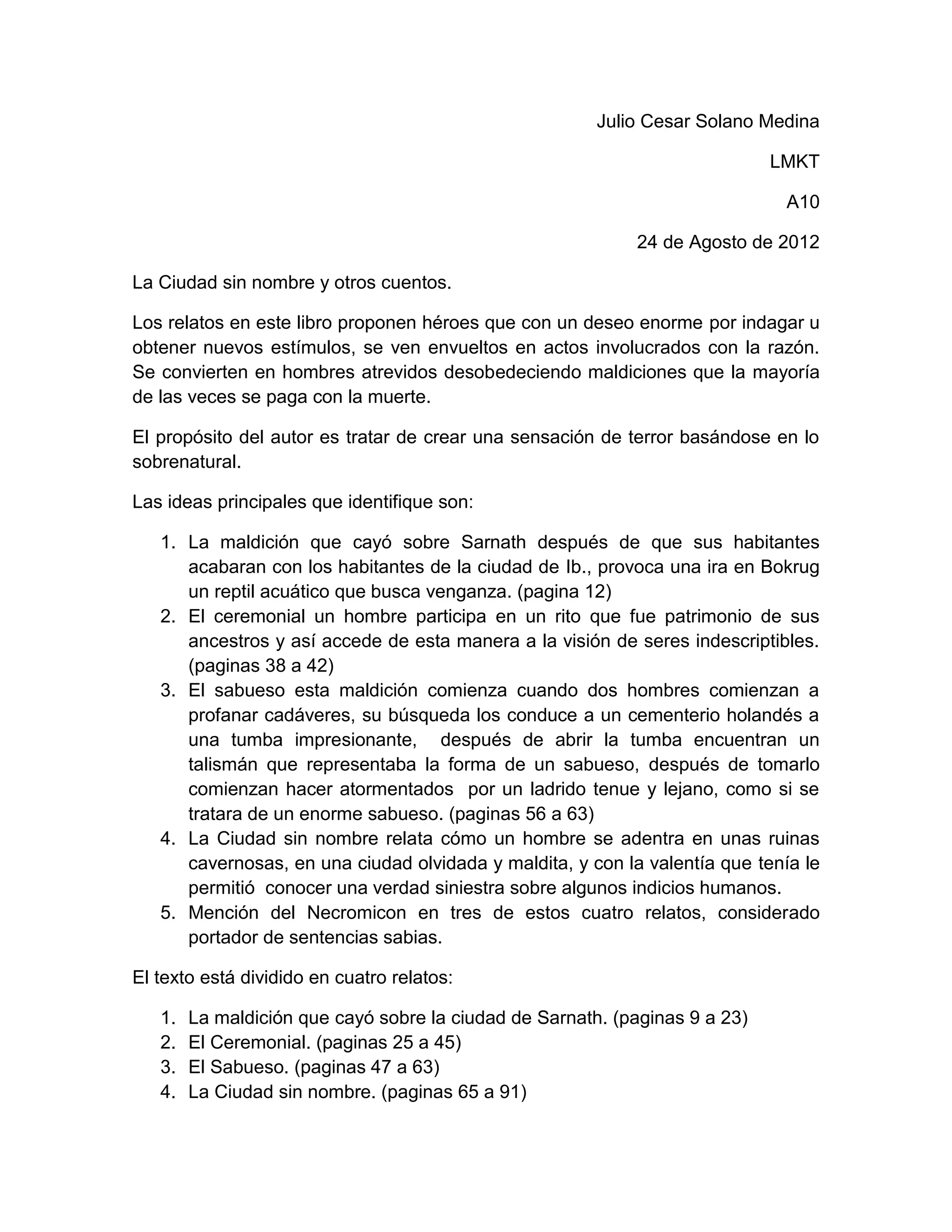 Resumen la ciudad sin nombre | DOCX