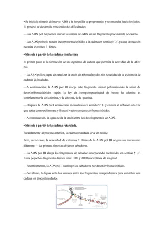 • Se inicia la síntesis del nuevo ADN y la horquilla va progresando y se ensancha hacia los lados.
El proceso se desarrolla venciendo dos dificultades:
—Las ADN pol no pueden iniciar la síntesis de ADN sin un fragmento preexistente de cadena.
—Las ADN pol solo pueden incorporar nucleótidos a la cadena en sentido 5’ 3’, ya que la reacción
necesita extremos 3’ libres.
• Síntesis a partir de la cadena conductora
El primer paso es la formación de un segmento de cadena que permita la actividad de la ADN
pol.
—La ARN pol es capaz de catalizar la unión de ribonucleótidos sin necesidad de la existencia de
cadenas ya iniciadas.
—A continuación, la ADN pol III alarga este fragmento inicial polimerizando la unión de
desoxirribonucleótidos según la ley de complementariedad de bases: la adenina es
complementaria de la timina, y la citosina, de la guanina.
—Después, la ADN pol I actúa como exonucleasa en sentido 5’ 3’ y elimina el cebador, a la vez
que actúa como polimerasa y llena el vacío con desoxirribonucleótidos.
—A continuación, la ligasa sella la unión entre los dos fragmentos de ADN.
• Síntesis a partir de la cadena retardada.
Paralelamente al proceso anterior, la cadena retardada sirve de molde
Pero, en tal caso, la necesidad de extremos 3’ libres de la ADN pol III origina un mecanismo
diferente: —La primasa sintetiza diversos cebadores.
—La ADN pol III alarga los fragmentos de cebador incorporando nucleótidos en sentido 5’ 3’.
Estos pequeños fragmentos tienen entre 1000 y 2000 nucleótidos de longitud.
—Posteriormente, la ADN pol I sustituye los cebadores por desoxirribonucleótidos.
—Por último, la ligasa sella las uniones entre los fragmentos independientes para constituir una
cadena sin discontinuidades.
 