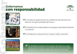Gobernamos
oberna
   con responsabilidad

                En Andalucía gobernamos los problemas del presente sin
                destruir las oportunidades del futuro.


                En Andalucía ser responsables es conjugar austeridad, eficiencia
                e inversión.

                En Andalucía la educación es nuestra mejor inversión.




                    En Andalucía tenemos otra manera de hacer las cosas,
                    porque para nosotros la economía está al servicio de las
                    personas y los valores están antes que los mercados.
 