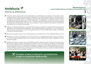 Más información en:
Andalucía                                                                                            www.juntadeandalucia.es/andaluciamarcaladiferencia

marca la diferencia                                                                                                                                 05


 Porque nos sentimos orgullosos de nuestra sanidad pública y de sus profesionales y la consideramos irrenunciable: somos la
 comunidad autónoma con más donantes de España, vanguardia en el uso de alta tecnología sanitaria; el mayor banco público
 de España de cordón umbilical; pioneros en investigación con células madre embrionarias y en investigación biomédica; pioneros
 en trasplantes; el primer plan de atención a las enfermedades raras; en la dignidad en el proceso de la muerte; en nuevos
 derechos sanitarios (segunda opinión, testamento vital, …). En gestión sanitaria; 109 millones de citas a través de Salud Responde,
 105 millones de recetas electrónicas, 100 nuevos centros de salud y 11 nuevos hospitales de Alta Resolución; 653.807 niños
 menores de un año con medicamentos gratuitos,

 Cuidamos a las personas dependientes y a quienes las cuidan: somos la Comunidad más comprometida con las personas con
 dependencia: más de 191.300 personas beneficiarias, más de 259.200 prestaciones en Andalucía, y la única Comunidad que
 financia el refuerzo a profesionales y el servicio de ayuda a domicilio. Con más de 50.000 empleos creados y 22.500 plazas
 financiadas incorporadas al sistema.

 Reconocemos a nuestros mayores: más de 1 millón de personas con la tarjeta T65, que les han ahorrado 160 millones de euros.

 Respaldamos a los jóvenes y desempleados: más de 44.100 cursos de FP y más de 829.000 beneficiarios de proyectos formativos,
 con un 80% de inserción laboral de alumnos de los consorcios de empleo, 39.000 empleos creados o mantenidos en centros
 especiales de empleo,

 Apostamos por el futuro de nuestros hijos, SU EDUCACIÓN: tasa de escolarización del 100% del alumnado a partir de 3 años,
 libros de texto gratuitos que ahorran a las familias más de 1.850 euros en el ciclo, transporte escolar gratuito con más de 90.000
 alumnos al día y 1.628 servicios. Con más de 600.000 ordenadores, Andalucía tiene uno de cada dos ordenadores de los centros
 escolares españoles y es la única comunidad que ha completado el programa Escuela TIC 2.0. Además, se ha aumentado el
 número de profesores a pesar de la crisis, se cubren las bajas en una media de tan sólo 1,5 días y disponemos de 6.667 especialistas
 para apoyar a los alumnos con necesidades especiales.



                     el empleo, la salud, la educación, las prestaciones
                     sociales en situaciones desfavorables
 