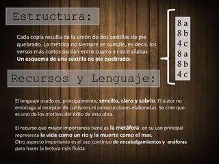 Estructura:                                                            8a
Cada copla resulta de la unión de dos sextillas de pie                 8b
quebrado. La métrica no siempre se cumple, es decir, los               4c
versos más cortos oscilan entre cuatro y cinco sílabas.                8a
Un esquema de una sextilla de pie quebrado:
                                                                       8b
                                                                       4c
Recursos y Lenguaje:
El lenguaje usado es, principalmente, sencillo, claro y sobrio. El autor no
embriaga al receptor de cultismos ni construcciones elaboradas. Se cree que
es uno de los motivos del éxito de esta obra.

El recurso que mayor importancia tiene es la metáfora: en su uso principal
representa la vida como un río y la muerte como el mar.
Otro aspecto importante es el uso continuo de encabalgamientos y anáforas
para hacer la lectura más fluida.
 