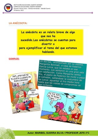 Autor: MARIBEL GUERRA SILVA / PROFESOR JEFE 3°C
3
INSTITUCIÓN EDUCACIONAL ALBERTO WIDMER
COMPLEJO EDUCACIONAL ALBERTO WIDMER
Docente: Karina Cares – Pamela Hernández – Maribel Guerra
3º básicos, 2015
LA ANÉCDOTA:
EJEMPLOS:
 