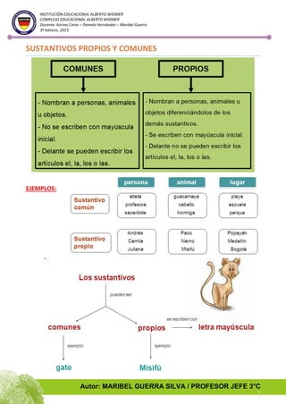 Autor: MARIBEL GUERRA SILVA / PROFESOR JEFE 3°C
7
INSTITUCIÓN EDUCACIONAL ALBERTO WIDMER
COMPLEJO EDUCACIONAL ALBERTO WIDMER
Docente: Karina Cares – Pamela Hernández – Maribel Guerra
3º básicos, 2015
SUSTANTIVOS PROPIOS Y COMUNES
EJEMPLOS:
 