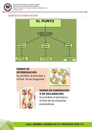 Autor: MARIBEL GUERRA SILVA / PROFESOR JEFE 3°C
8
INSTITUCIÓN EDUCACIONAL ALBERTO WIDMER
COMPLEJO EDUCACIONAL ALBERTO WIDMER
Docente: Karina Cares – Pamela Hernández – Maribel Guerra
3º básicos, 2015
SIGNOS DE PUNTUACION
 