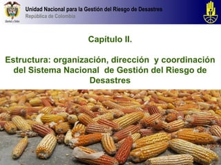 Unidad Nacional para la Gestión del Riesgo de Desastres
    República de Colombia



                             Capítulo II.

Estructura: organización, dirección y coordinación
  del Sistema Nacional de Gestión del Riesgo de
                    Desastres
 
