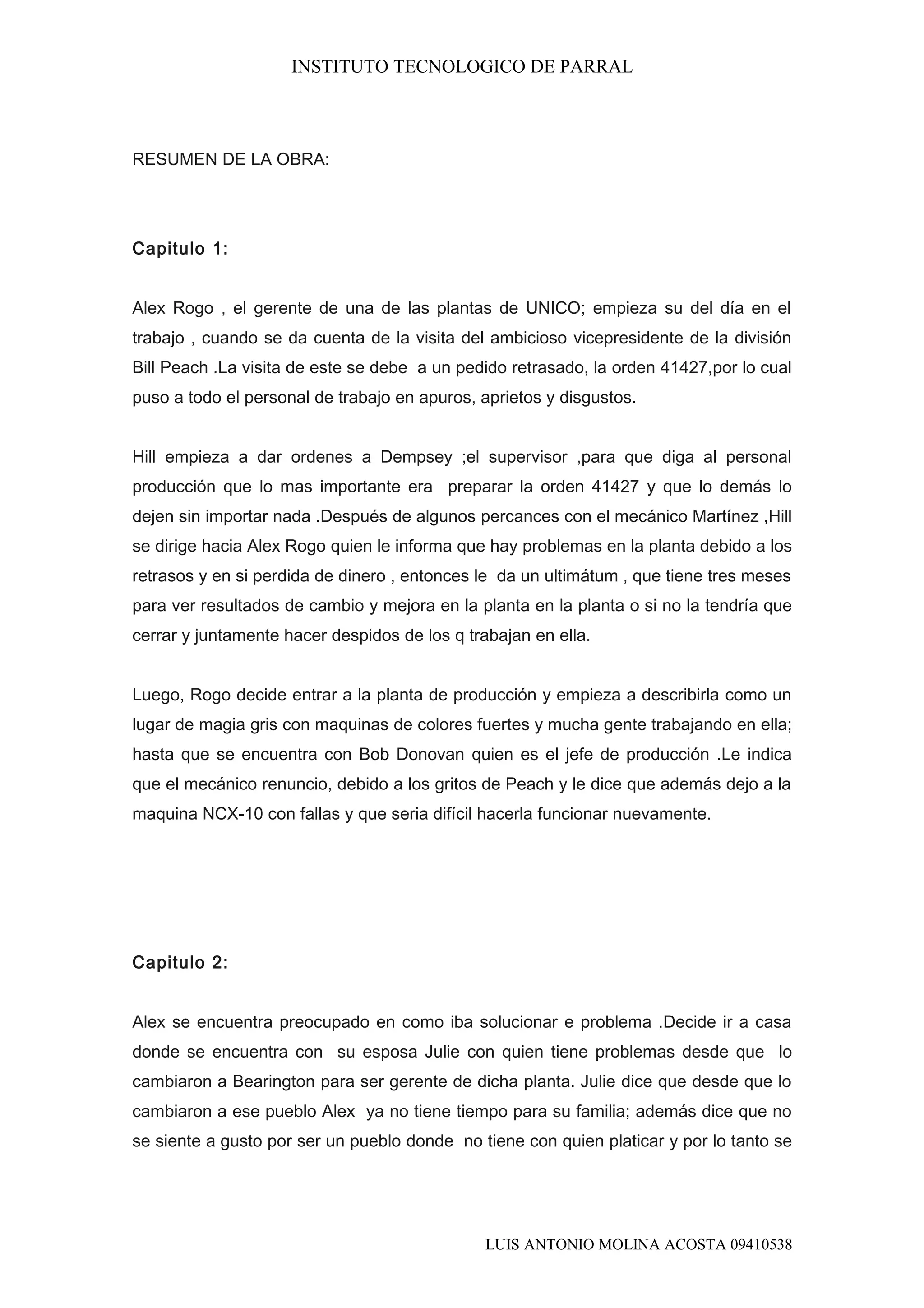 Alex Rogo Resumen libro la meta | DOC