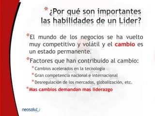 *
*El mundo de los negocios se ha vuelto
muy competitivo y volátil y el cambio es
un estado permanente.
*Factores que han contribuido al cambio:
*Cambios acelerados en la tecnología
*Gran competencia nacional e internacional
*Desregulación de los mercados, globalización, etc.
*Mas cambios demandan mas liderazgo
 