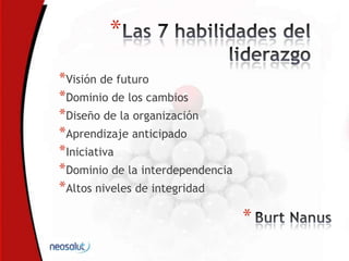*
*Visión de futuro
*Dominio de los cambios
*Diseño de la organización
*Aprendizaje anticipado
*Iniciativa
*Dominio de la interdependencia
*Altos niveles de integridad
*
 