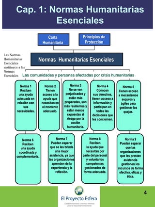 Cap. 1: Normas Humanitarias
Esenciales
4
Carta
Humanitaria
Principios de
Protección
Normas Humanitarias Esenciales
Norma 1
Reciben
una ayuda
adecuada en
relación con
sus
necesidades.
Norma 2
Tienen
acceso a la
ayuda que
necesitan en
el momento
adecuado.
Norma 3
No se ven
perjudicadas y
están más
preparadas, son
más resilientes y
están menos
expuestas al
riesgo por la
acción
humanitaria.
Norma 4
Conocen
sus derechos,
tienen acceso a
información y
participan en
todas las
decisiones que
les conciernen.
Norma 5
Tienen acceso
a mecanismos
seguros y
ágiles para
gestionar las
quejas.
Norma 6
Reciben
una ayuda
coordinada y
complementaria.
Las comunidades y personas afectadas por crisis humanitarias
Norma 7
Pueden esperar
que se les brinde
una mejor
asistencia, ya que
las organizaciones
aprenden de la
experiencia y la
reflexión.
Norma 8
Reciben
la ayuda que
necesitan por
parte del personal
y voluntarios
competentes
gestionados de
forma adecuada.
Norma 9
Pueden esperar
que las
organizaciones
que les prestan
asistencia
gestionen los
recursos de forma
efectiva, eficaz y
ética.
Las Normas
Humanitarias
Esenciales
sustituyen a las
Normas
Esenciales
 