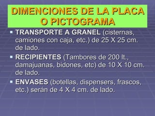 DIMENCIONES DE LA PLACA O PICTOGRAMA TRANSPORTE A GRANEL  (cisternas, camiones con caja, etc.) de 25 X 25 cm. de lado. RECIPIENTES  (Tambores de 200 lt., damajuanas, bidones, etc) de 10 X 10 cm. de lado. ENVASES  (botellas, dispensers, frascos, etc.) serán de 4 X 4 cm. de lado. 