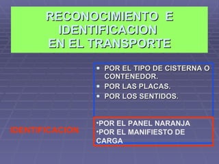 RECONOCIMIENTO  E IDENTIFICACION  EN EL TRANSPORTE POR EL TIPO DE CISTERNA O CONTENEDOR. POR LAS PLACAS. POR LOS SENTIDOS. RECONOCIMIENTO IDENTIFICACION   POR EL PANEL NARANJA POR EL MANIFIESTO DE  CARGA 