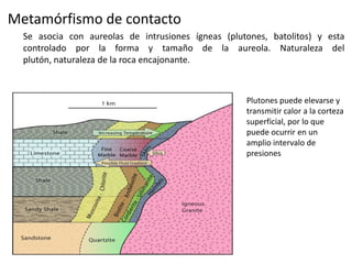 Metamórfismo de contacto
Se asocia con aureolas de intrusiones ígneas (plutones, batolitos) y esta
controlado por la forma y tamaño de la aureola. Naturaleza del
plutón, naturaleza de la roca encajonante.

Plutones puede elevarse y
transmitir calor a la corteza
superficial, por lo que
puede ocurrir en un
amplio intervalo de
presiones

 