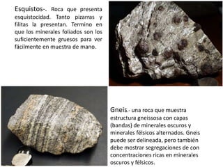 Esquistos-. Roca que presenta
esquistocidad. Tanto pizarras y
filitas la presentan. Termino en
que los minerales foliados son los
suficientemente gruesos para ver
fácilmente en muestra de mano.

Gneis.- una roca que muestra
estructura gneissosa con capas
(bandas) de minerales oscuros y
minerales félsicos alternados. Gneis
puede ser delineada, pero también
debe mostrar segregaciones de con
concentraciones ricas en minerales
oscuros y félsicos.

 