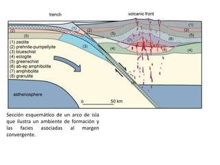 Sección esquemático de un arco de isla
que ilustra un ambiente de formación y
las facies asociadas al margen
convergente.

 