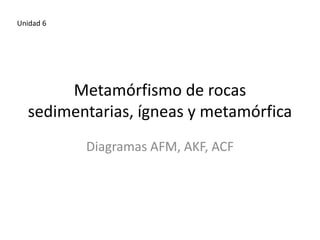 Unidad 6

Metamórfismo de rocas
sedimentarias, ígneas y metamórfica
Diagramas AFM, AKF, ACF

 