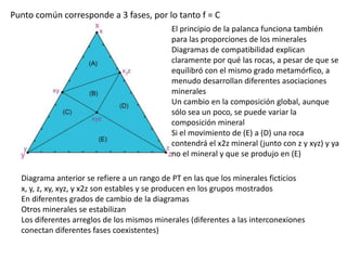 Punto común corresponde a 3 fases, por lo tanto f = C
El principio de la palanca funciona también
para las proporciones de los minerales
Diagramas de compatibilidad explican
claramente por qué las rocas, a pesar de que se
equilibró con el mismo grado metamórfico, a
menudo desarrollan diferentes asociaciones
minerales
Un cambio en la composición global, aunque
sólo sea un poco, se puede variar la
composición mineral
Si el movimiento de (E) a (D) una roca
contendrá el x2z mineral (junto con z y xyz) y ya
no el mineral y que se produjo en (E)
Diagrama anterior se refiere a un rango de PT en las que los minerales ficticios
x, y, z, xy, xyz, y x2z son estables y se producen en los grupos mostrados
En diferentes grados de cambio de la diagramas
Otros minerales se estabilizan
Los diferentes arreglos de los mismos minerales (diferentes a las interconexiones
conectan diferentes fases coexistentes)

 