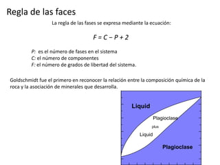 Regla de las faces
La regla de las fases se expresa mediante la ecuación:

F=C−P+2
P: es el número de fases en el sistema
C: el número de componentes
F: el número de grados de libertad del sistema.
Goldschmidt fue el primero en reconocer la relación entre la composición química de la
roca y la asociación de minerales que desarrolla.
Plagioclase

Liquid

plus

Plagioclase
Liquid
plus

Liquid

Plagioclase
Plagioclase

 