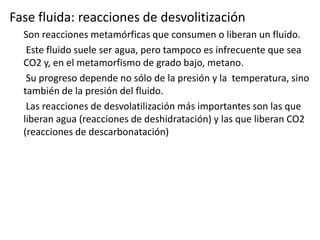 Fase fluida: reacciones de desvolitización
Son reacciones metamórficas que consumen o liberan un fluido.
Este fluido suele ser agua, pero tampoco es infrecuente que sea
CO2 y, en el metamorfismo de grado bajo, metano.
Su progreso depende no sólo de la presión y la temperatura, sino
también de la presión del fluido.
Las reacciones de desvolatilización más importantes son las que
liberan agua (reacciones de deshidratación) y las que liberan CO2
(reacciones de descarbonatación)

 